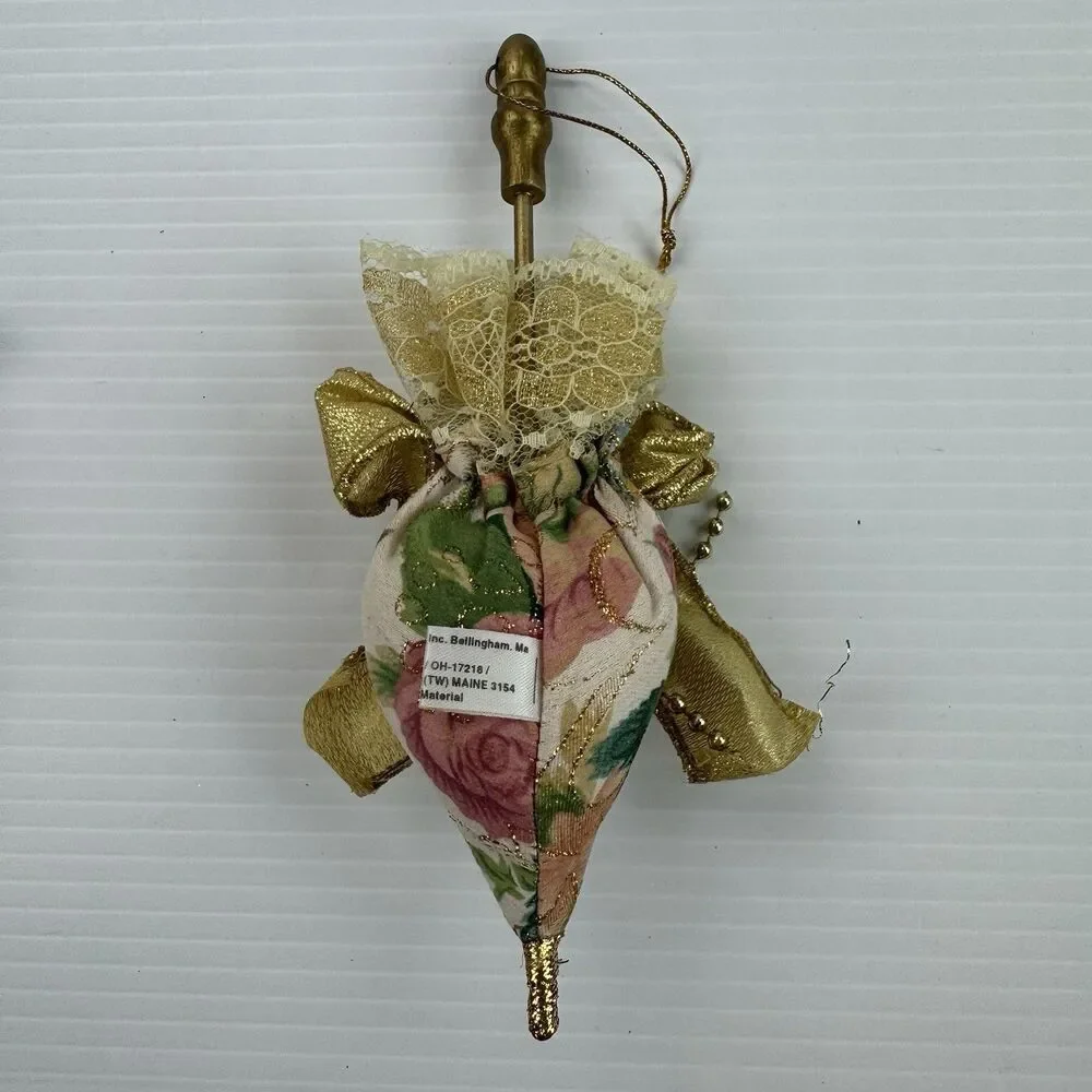 Bradford Novelty Victorian Hat & Parasol Ornaments Gold Lace Floral Fabric Set